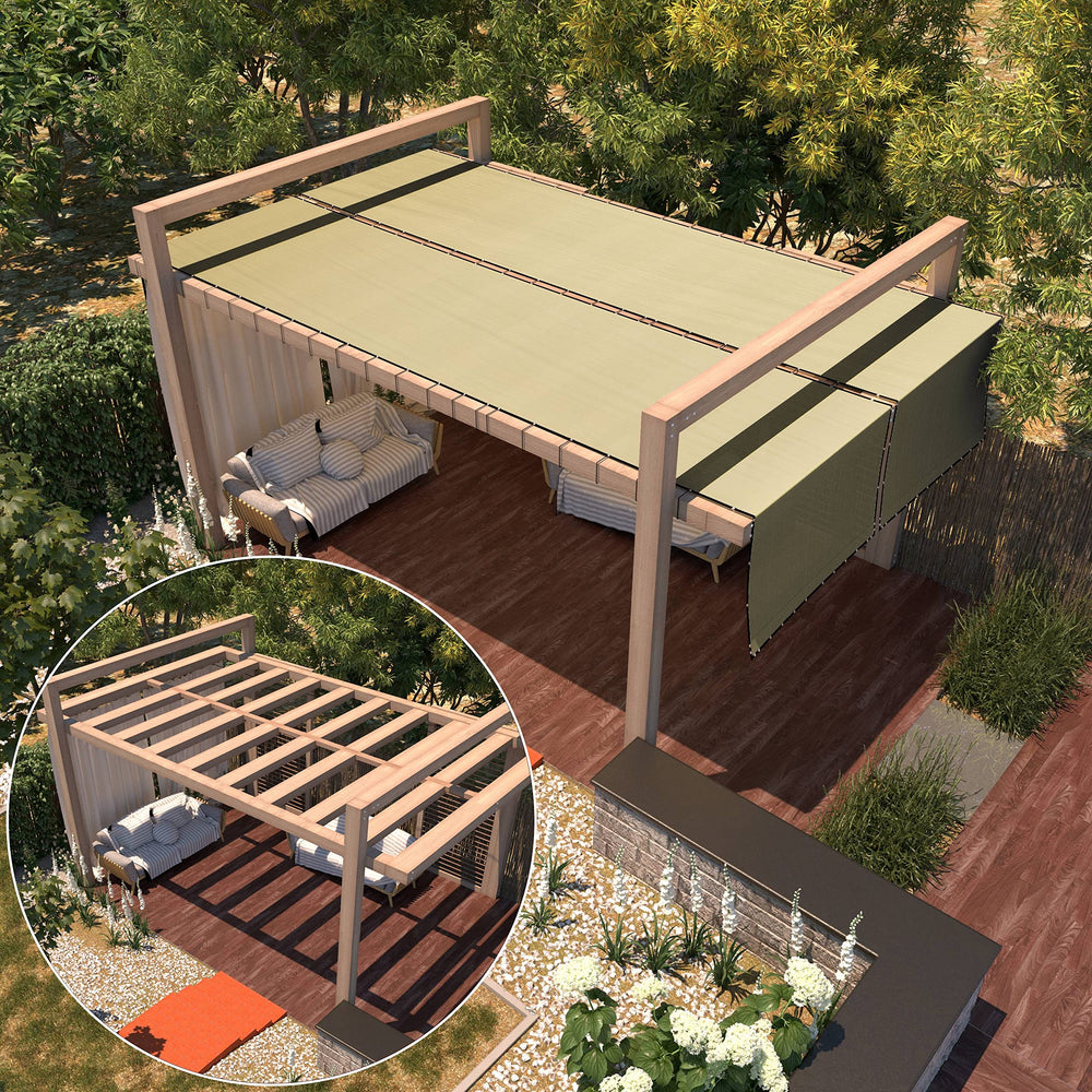 Amgo beige privacy screen in backyard setting creating a private outdoor living space