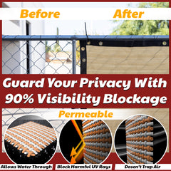Amgo beige privacy screen attached to chain-link fence demonstrating strong blackout benefit