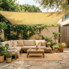 Amgo beige rectangle sail front view showing clean shape and coverage benefit