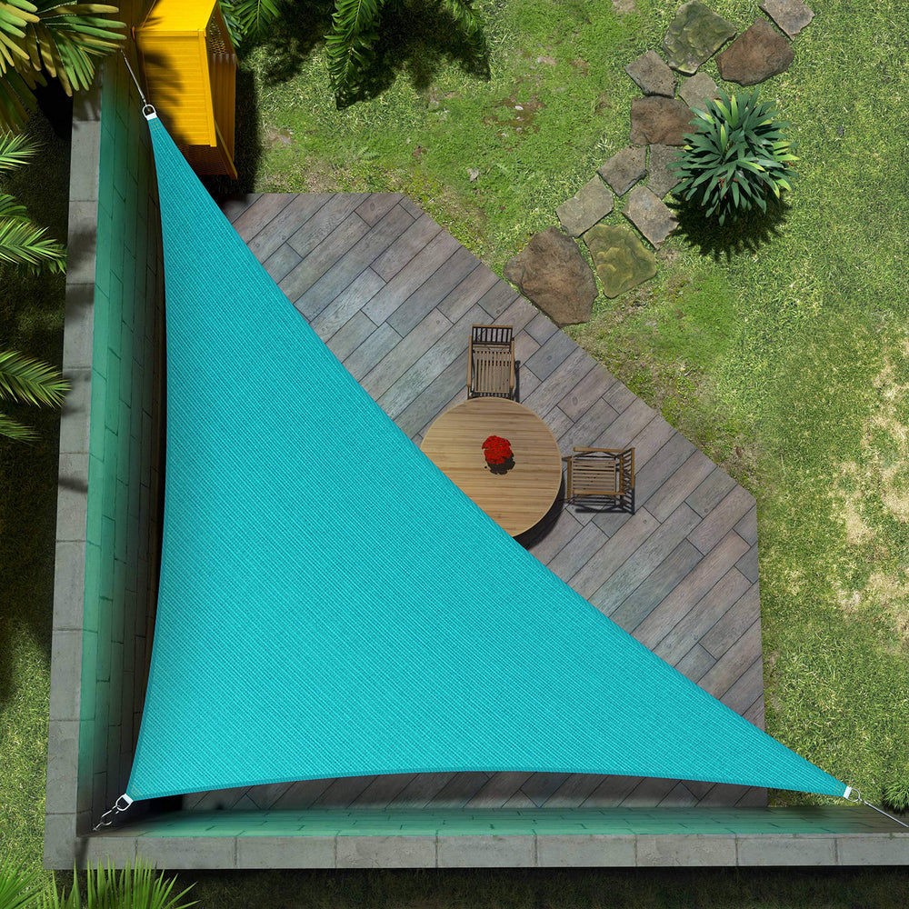 Amgo front view turquoise sail providing wide shaded patio comfort