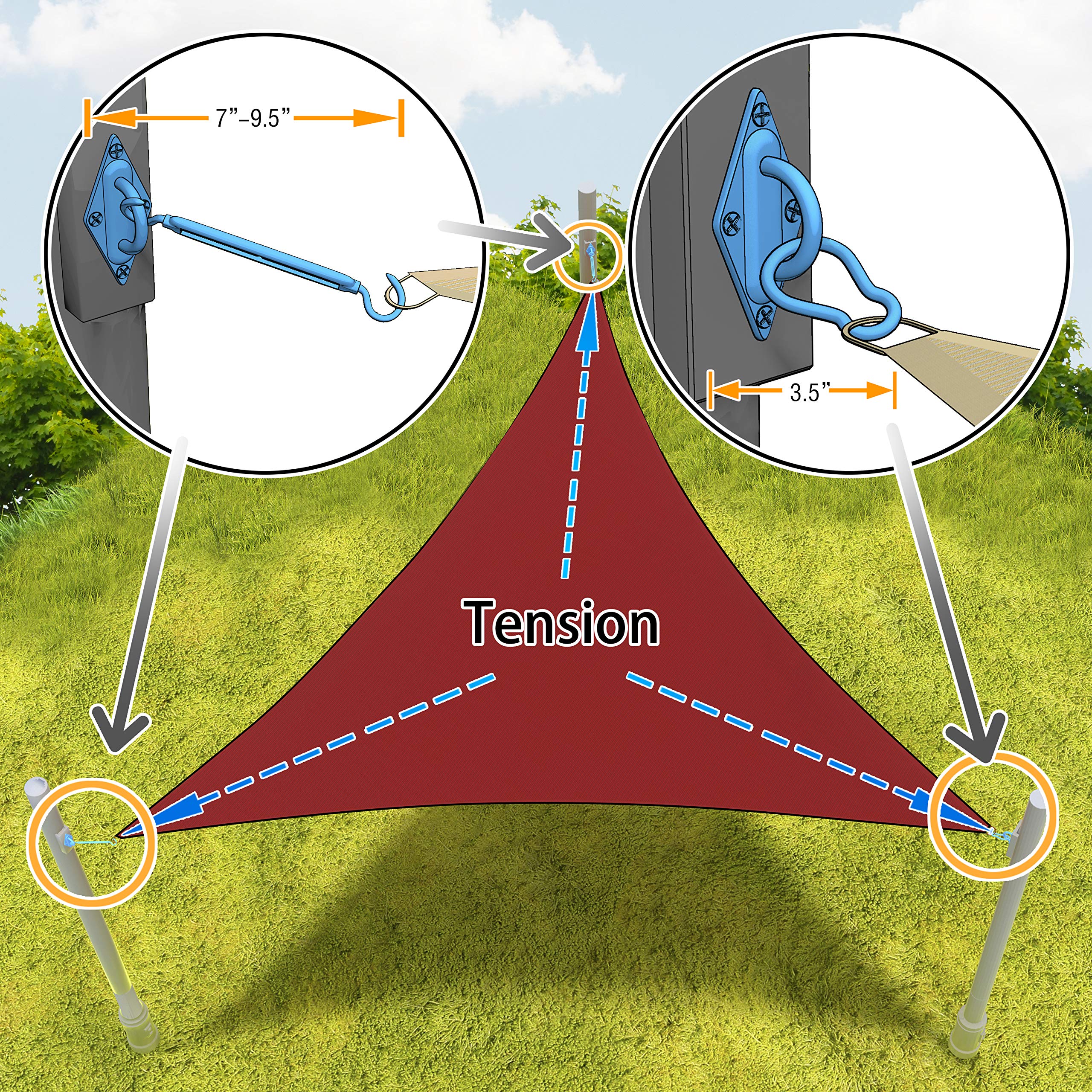 Amgo hardware installed on a backyard shade sail showing reliable tensioning benefit