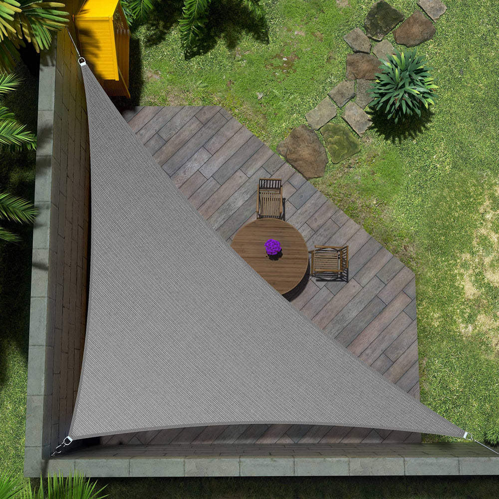 Amgo front view of right-triangle shade sail showing full coverage and clean lines