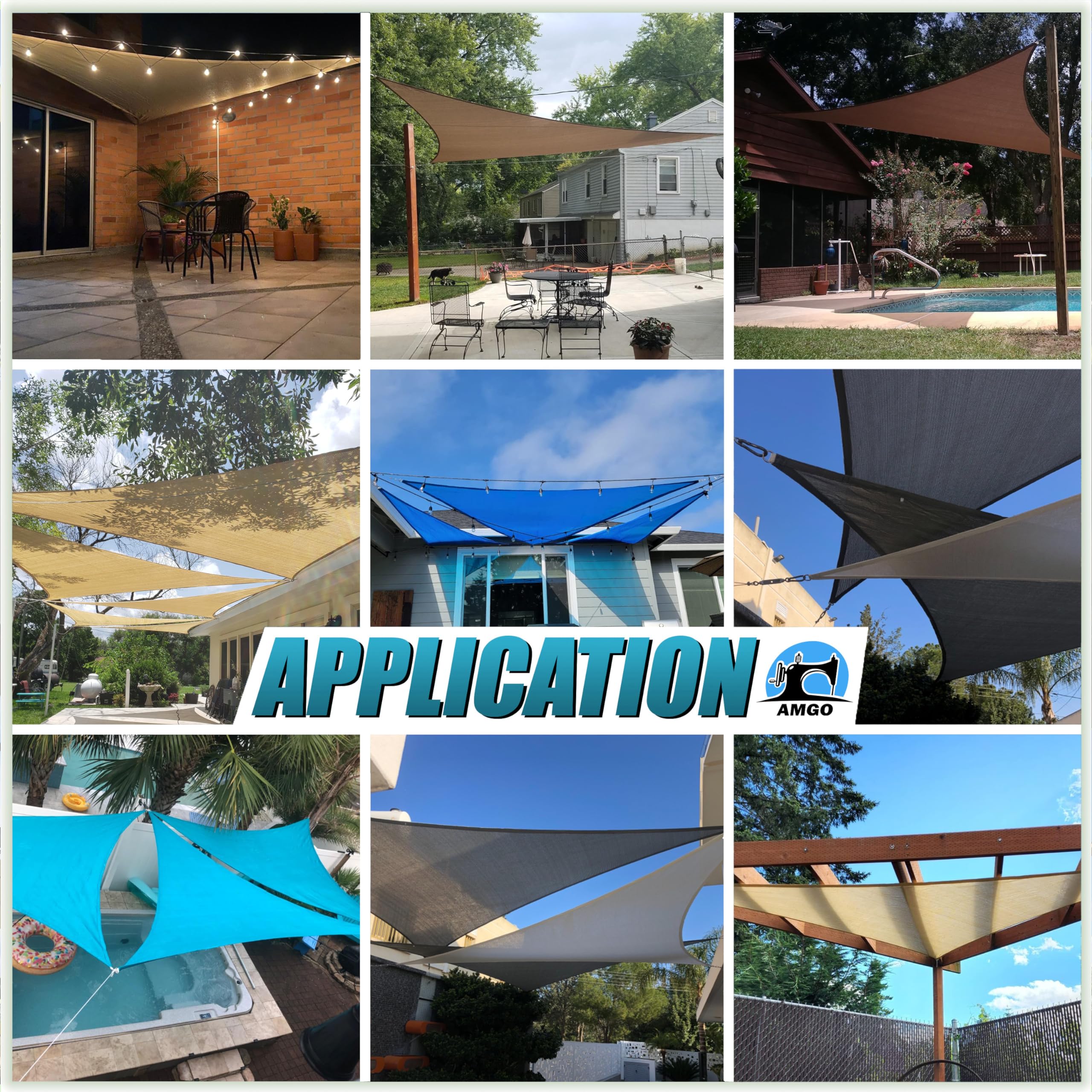 Amgo triangle shade installed over backyard patio providing cooler lounging area and UV protection