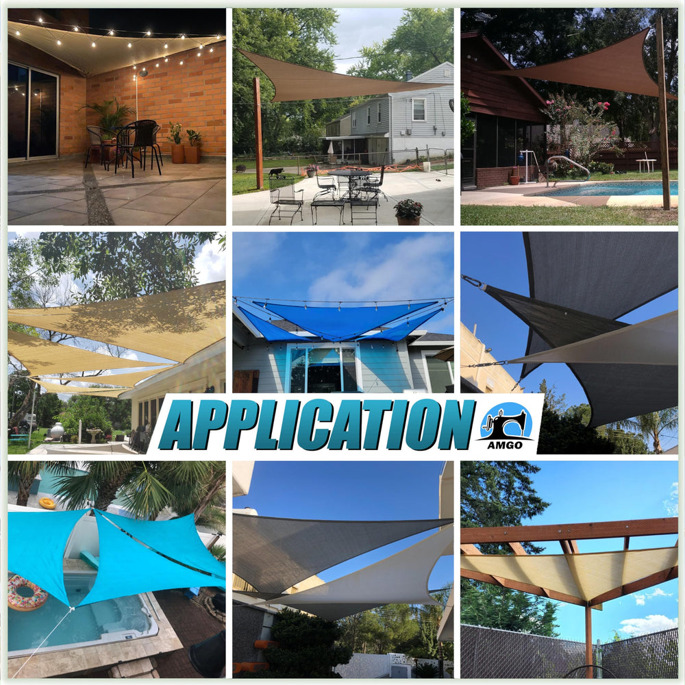Amgo triangle shade installed over backyard patio providing cooler lounging area and UV protection