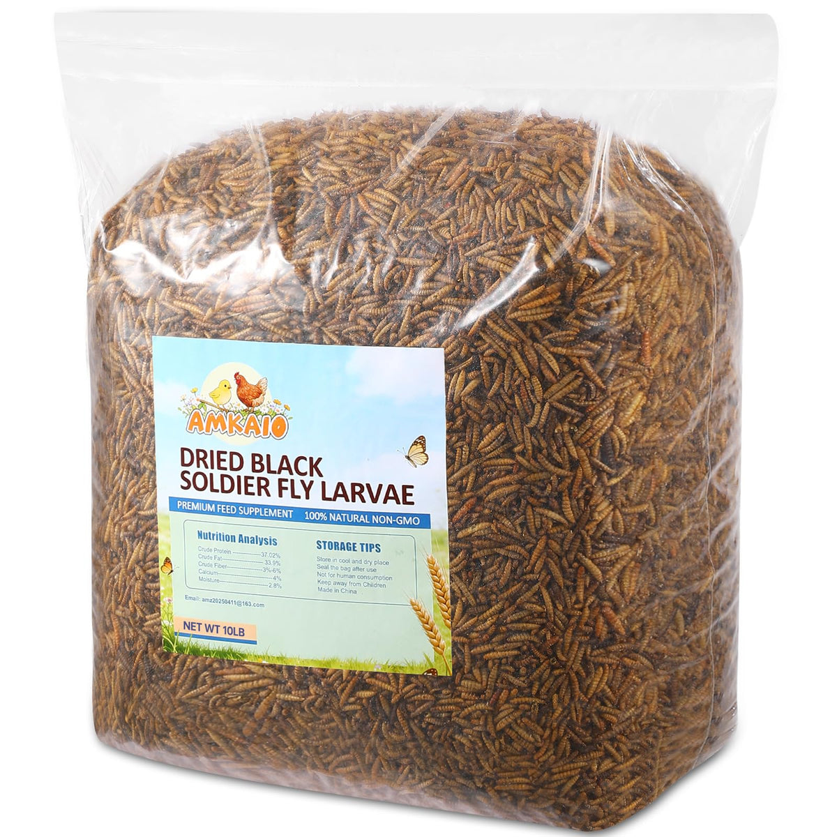 AMKAIO front packaging showing dried larvae and benefits on label