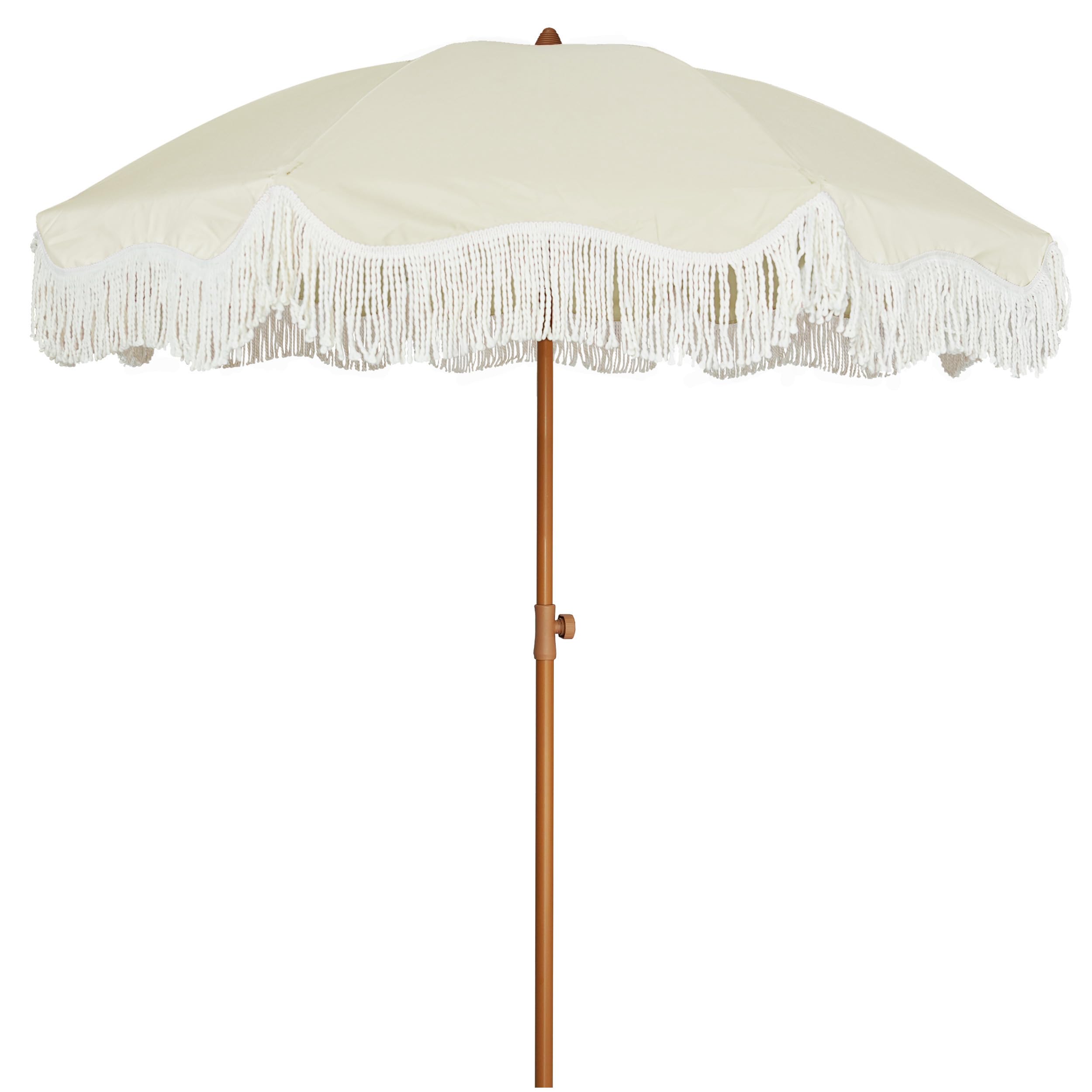AMMSUN boho fringe umbrella front view showing full canopy and shade benefit