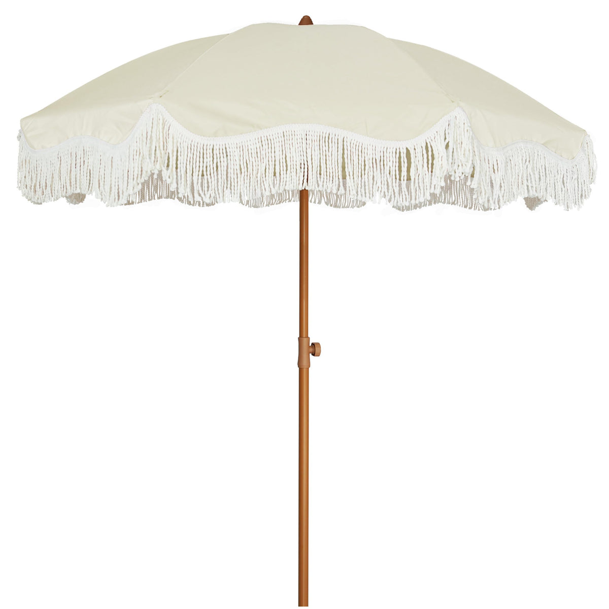 AMMSUN boho fringe umbrella front view showing full canopy and shade benefit