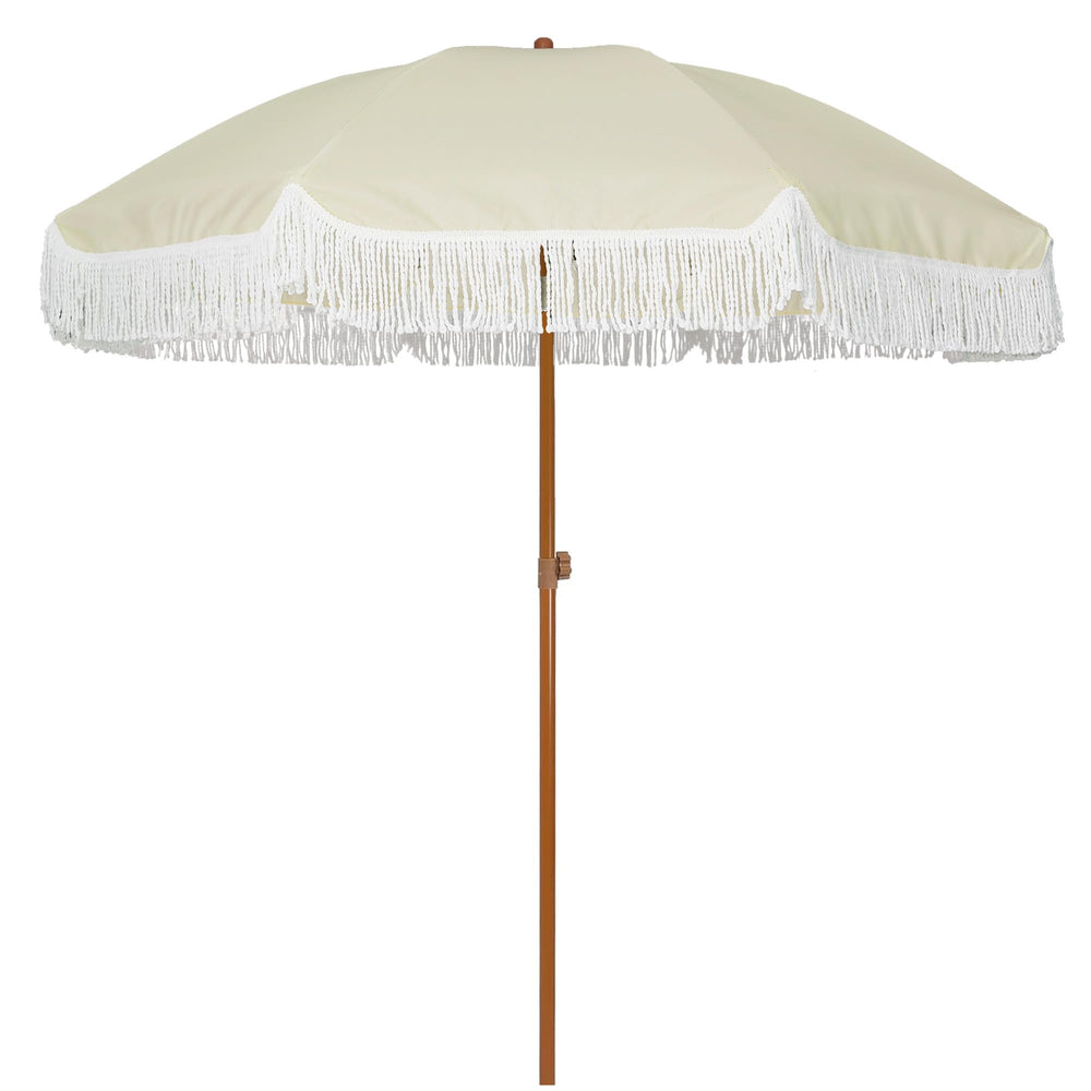 AMMSUN front view of beige fringe umbrella showing shaded seating benefit