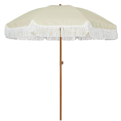 AMMSUN front view of beige fringe umbrella showing shaded seating benefit