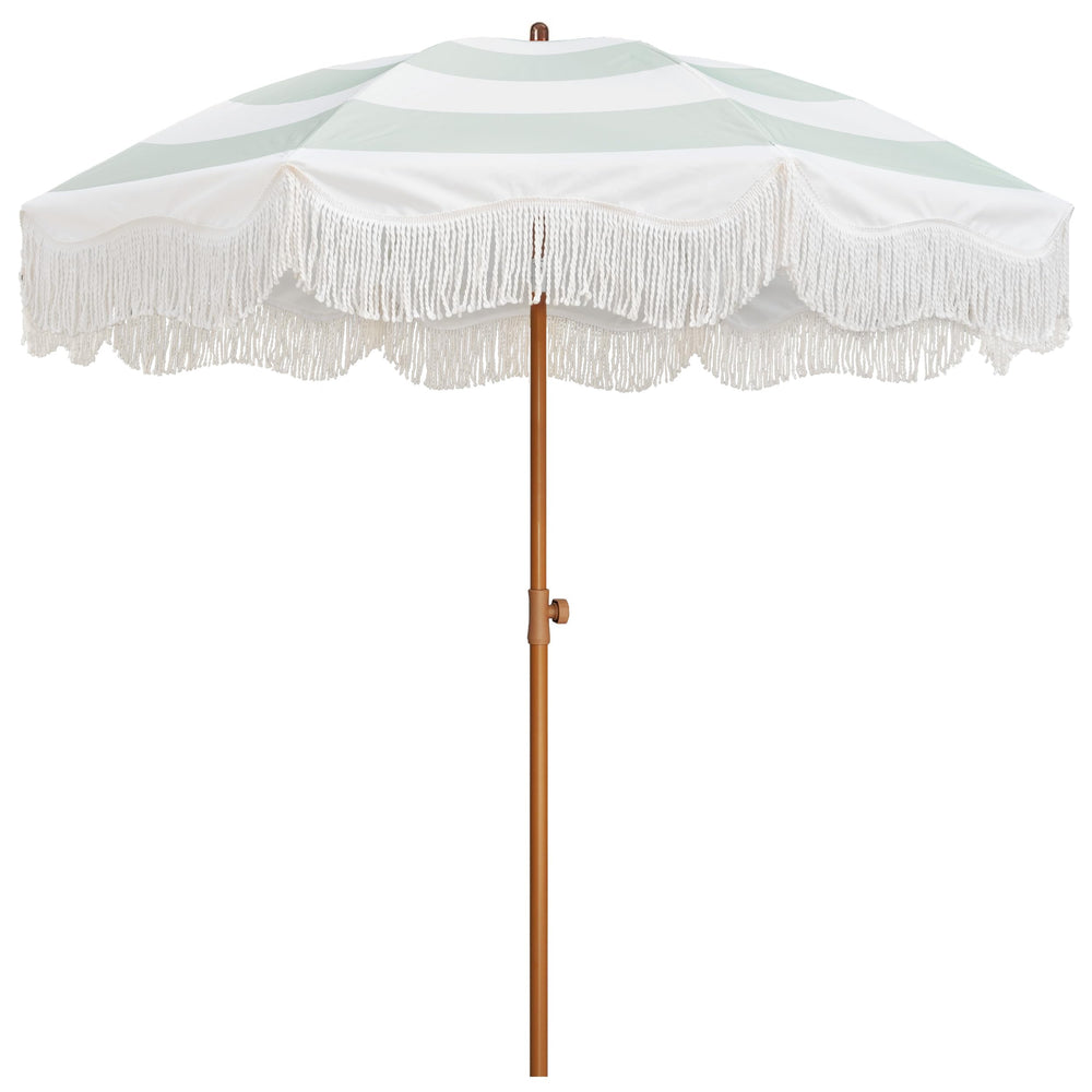 AMMSUN umbrella front view showing boho fringe and welcoming shade benefit