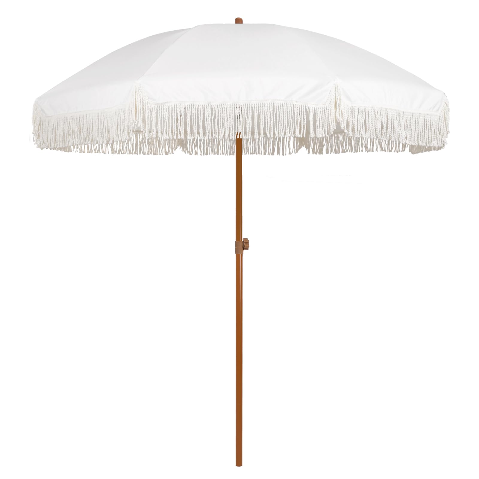 AMMSUN umbrella front view showing cream fringe and broad shade benefit