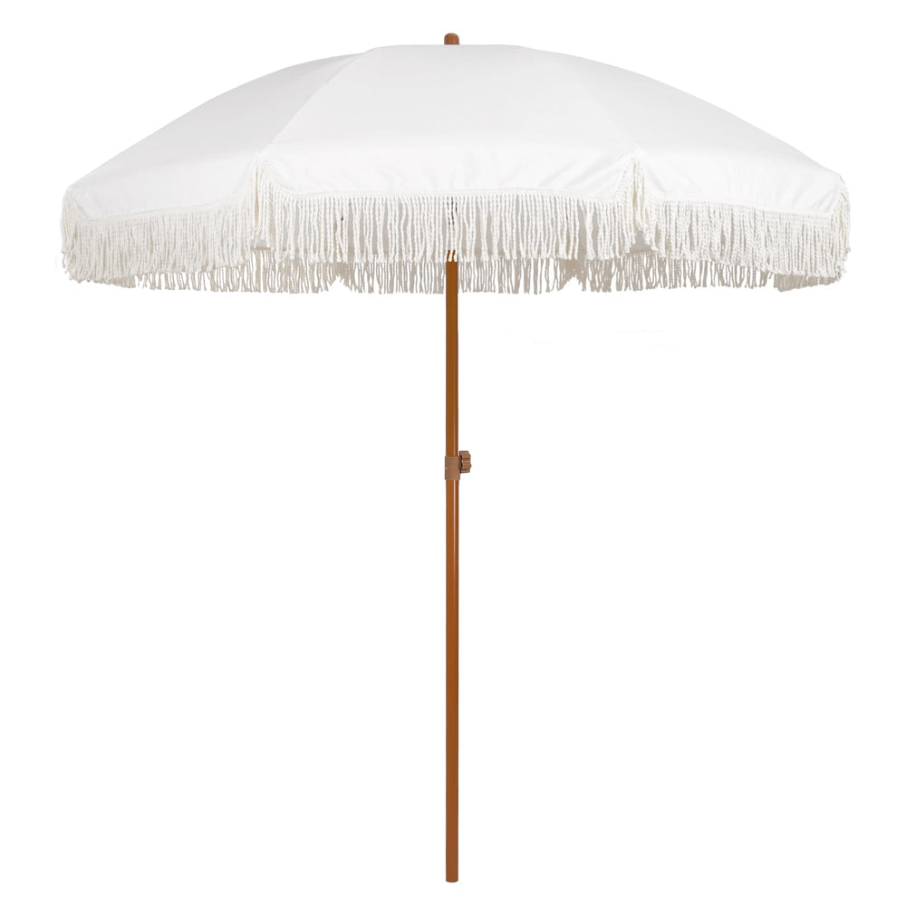 AMMSUN umbrella front view showing cream fringe and broad shade benefit