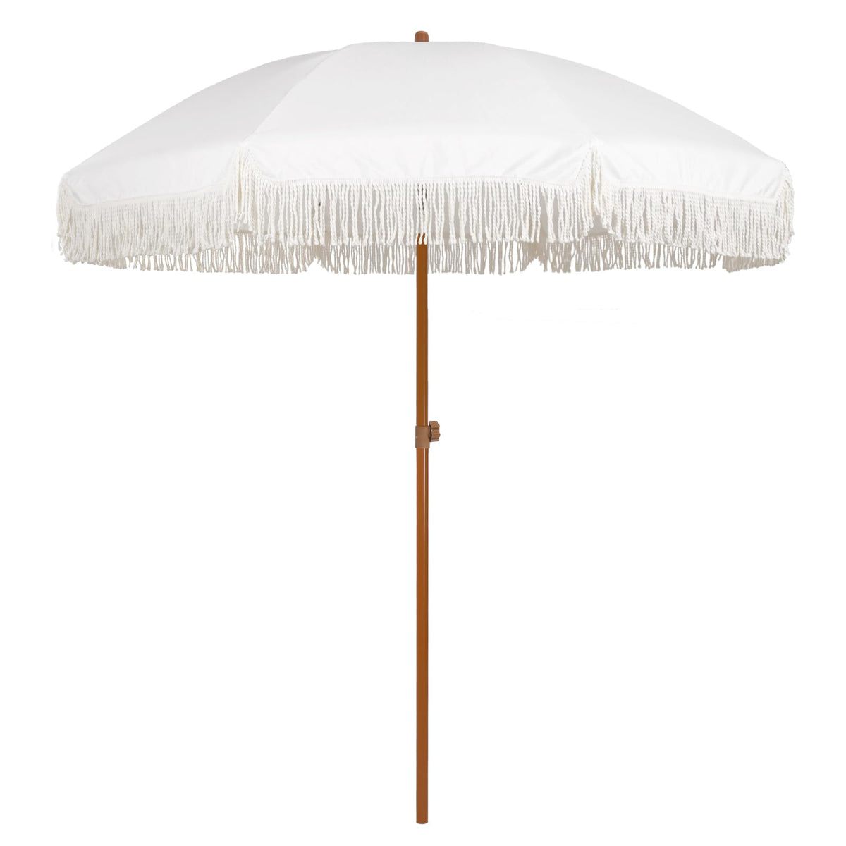 AMMSUN umbrella front view showing cream fringe and broad shade benefit
