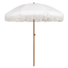 AMMSUN umbrella front view showing cream fringe and broad shade benefit