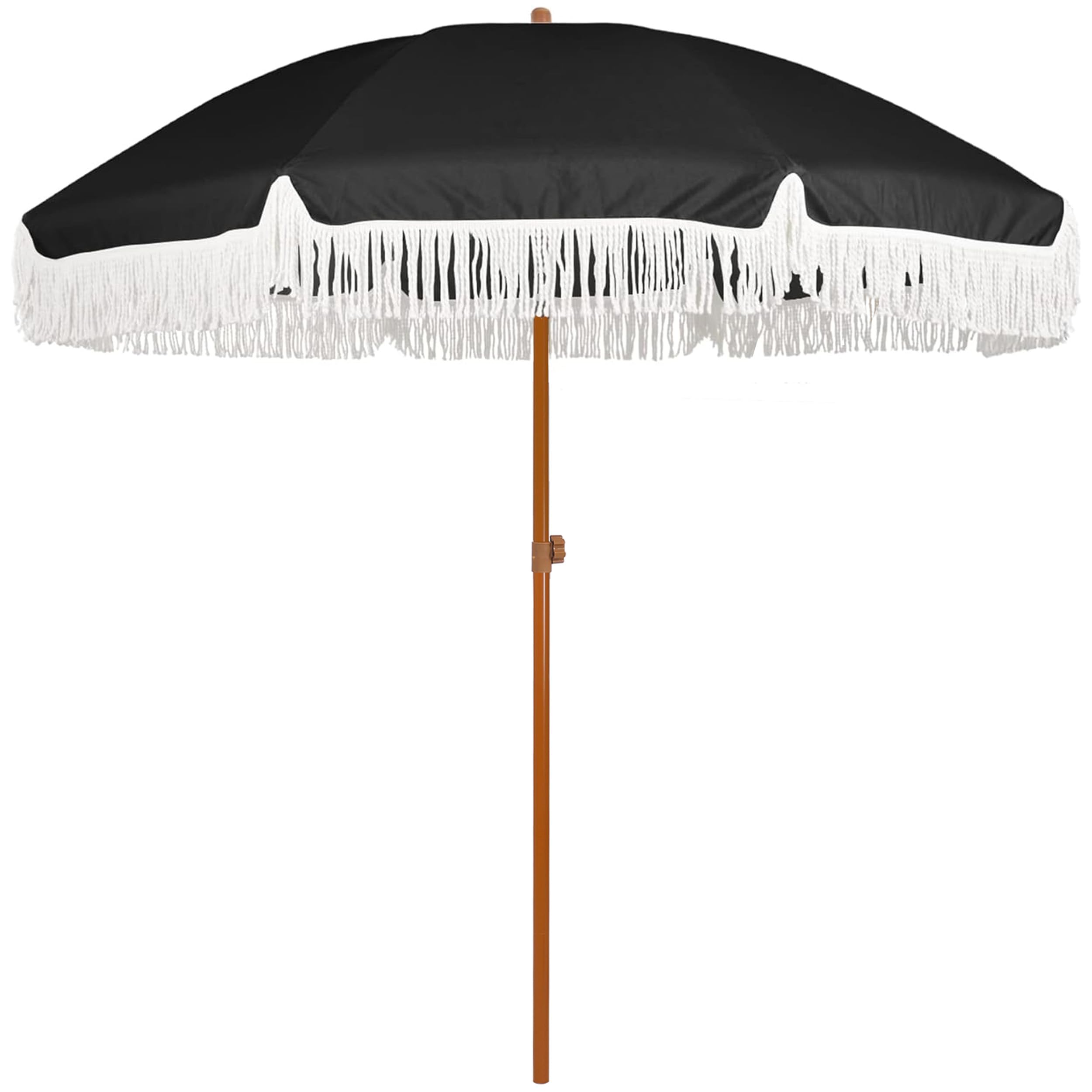 AMMSUN front view of black fringe umbrella showing elegant shade