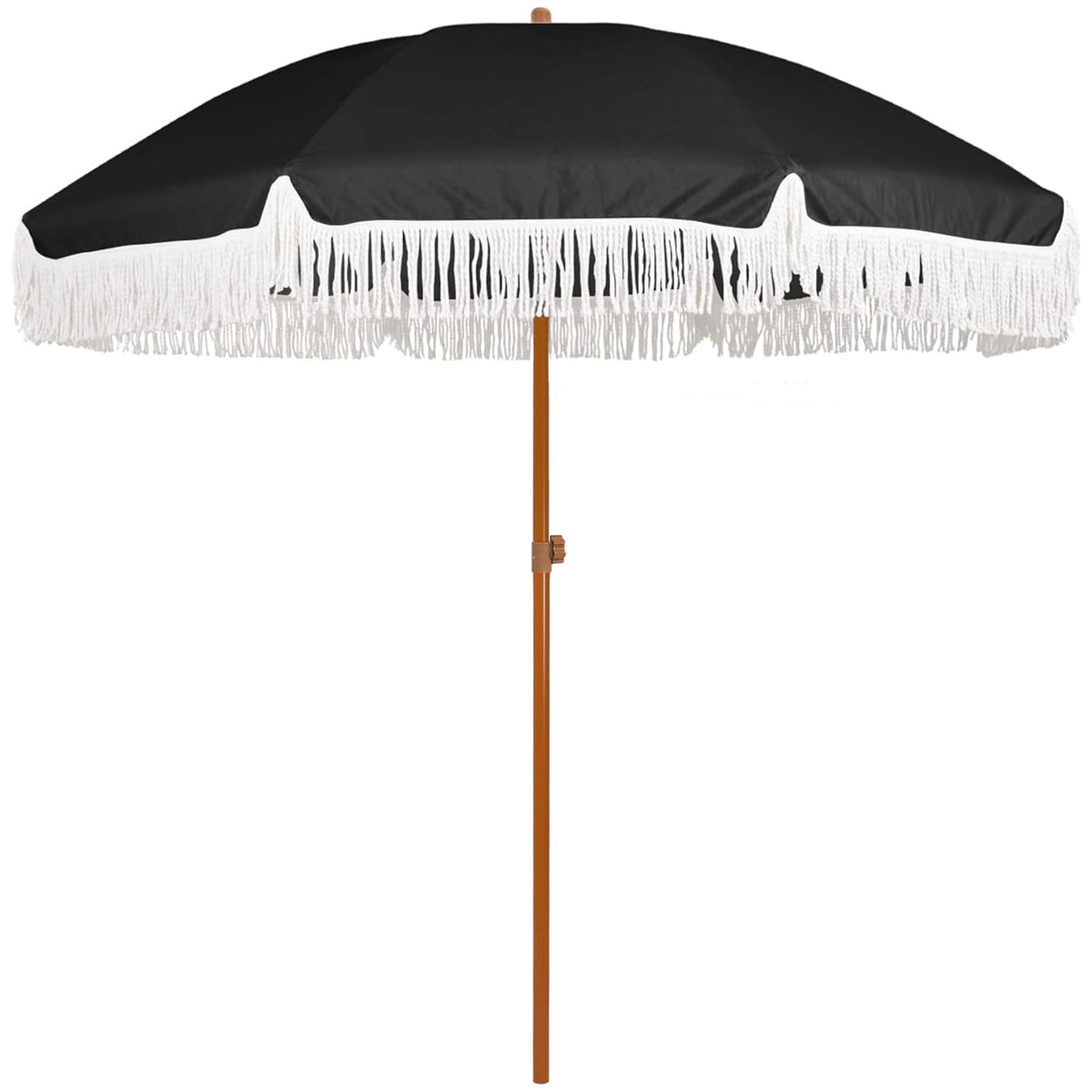 AMMSUN front view of black fringe umbrella showing elegant shade