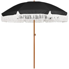 AMMSUN front view of black fringe umbrella showing elegant shade