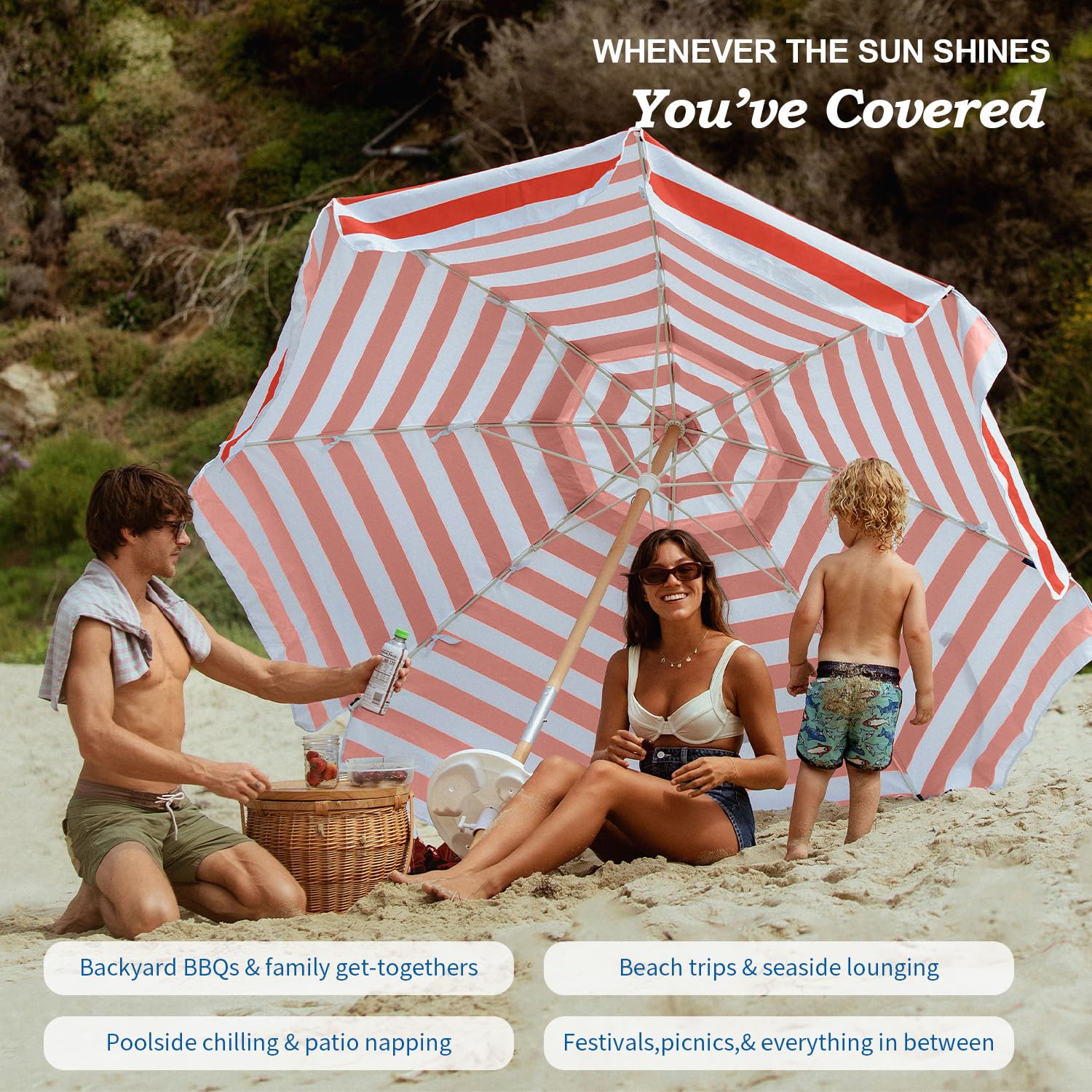 AMMSUN umbrella in use on a beach providing shaded seating and sun protection