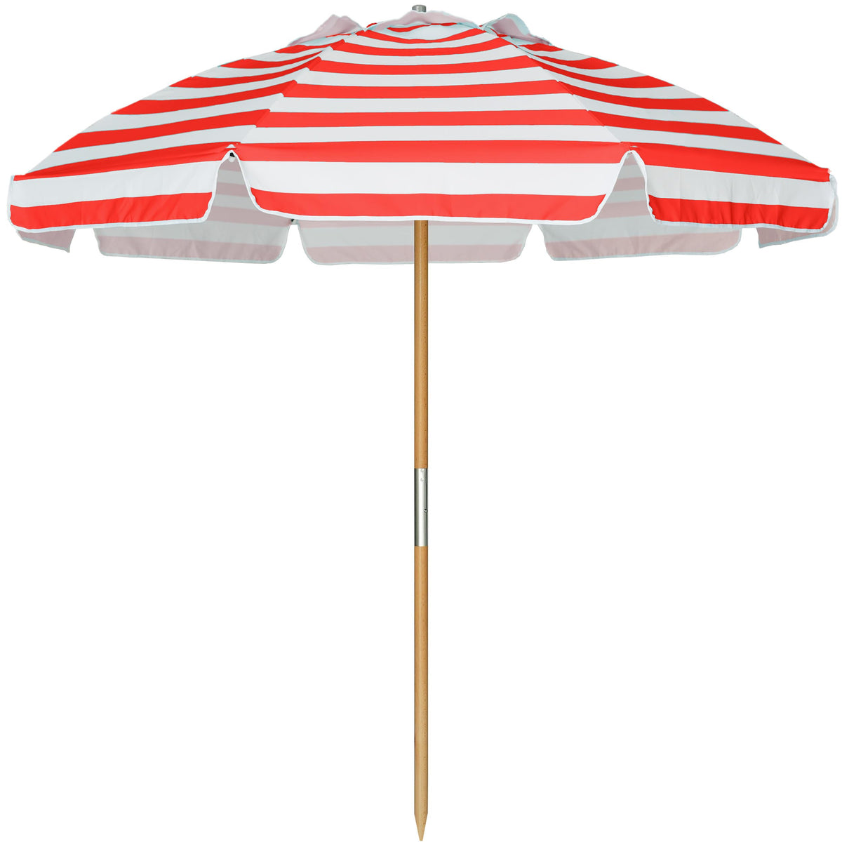 AMMSUN umbrella front view showing full canopy and elegant wood pole for reliable shade
