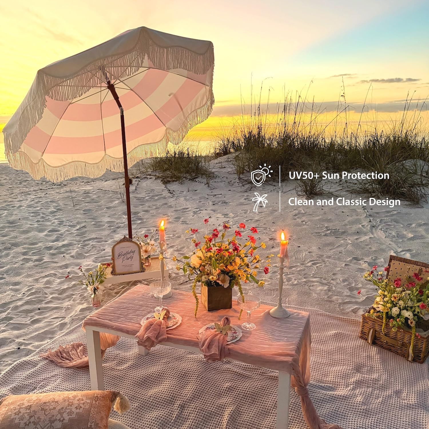 AMMSUN umbrella set up on a beach providing portable shade and UV protection