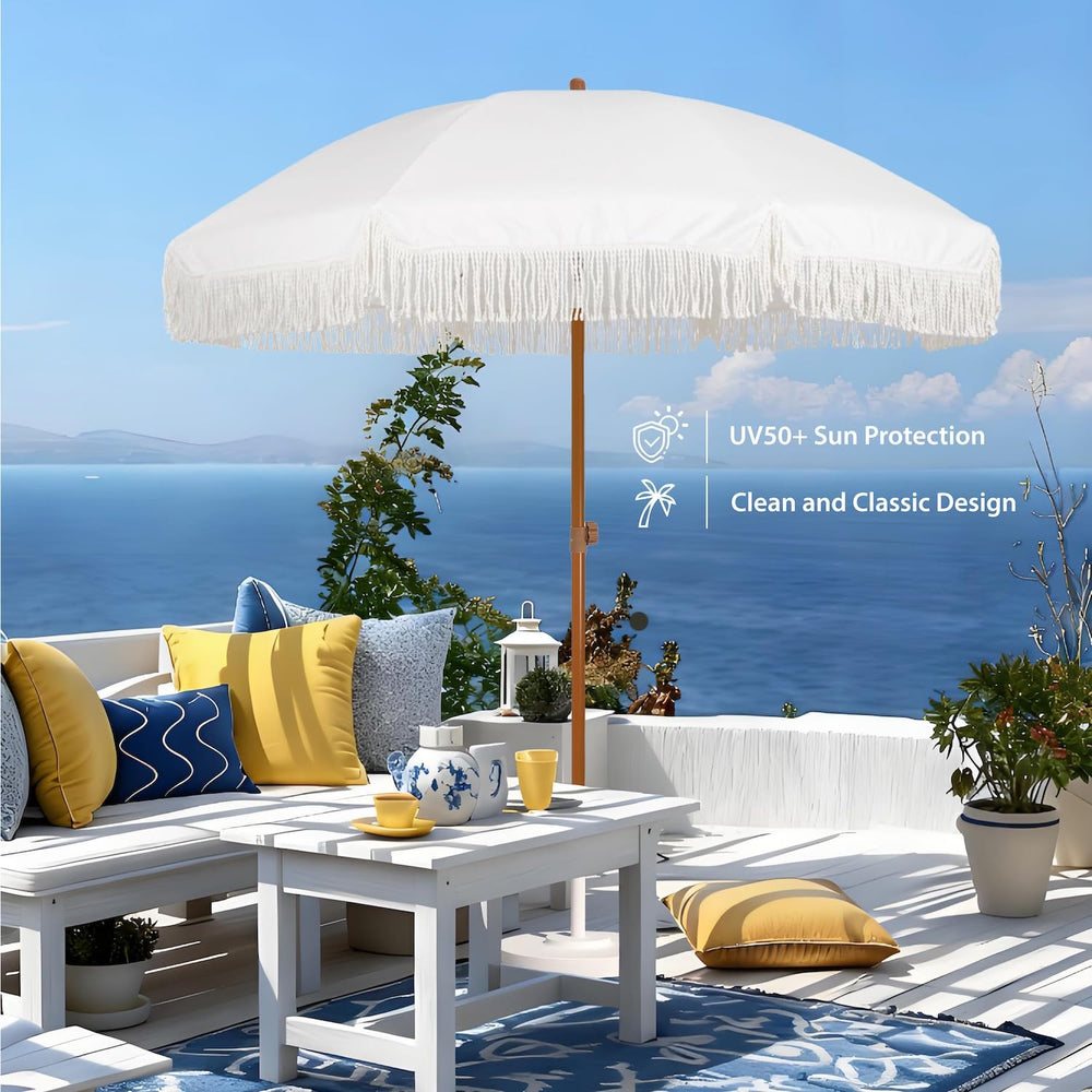 AMMSUN umbrella shading a patio table showing comfortable outdoor living benefit