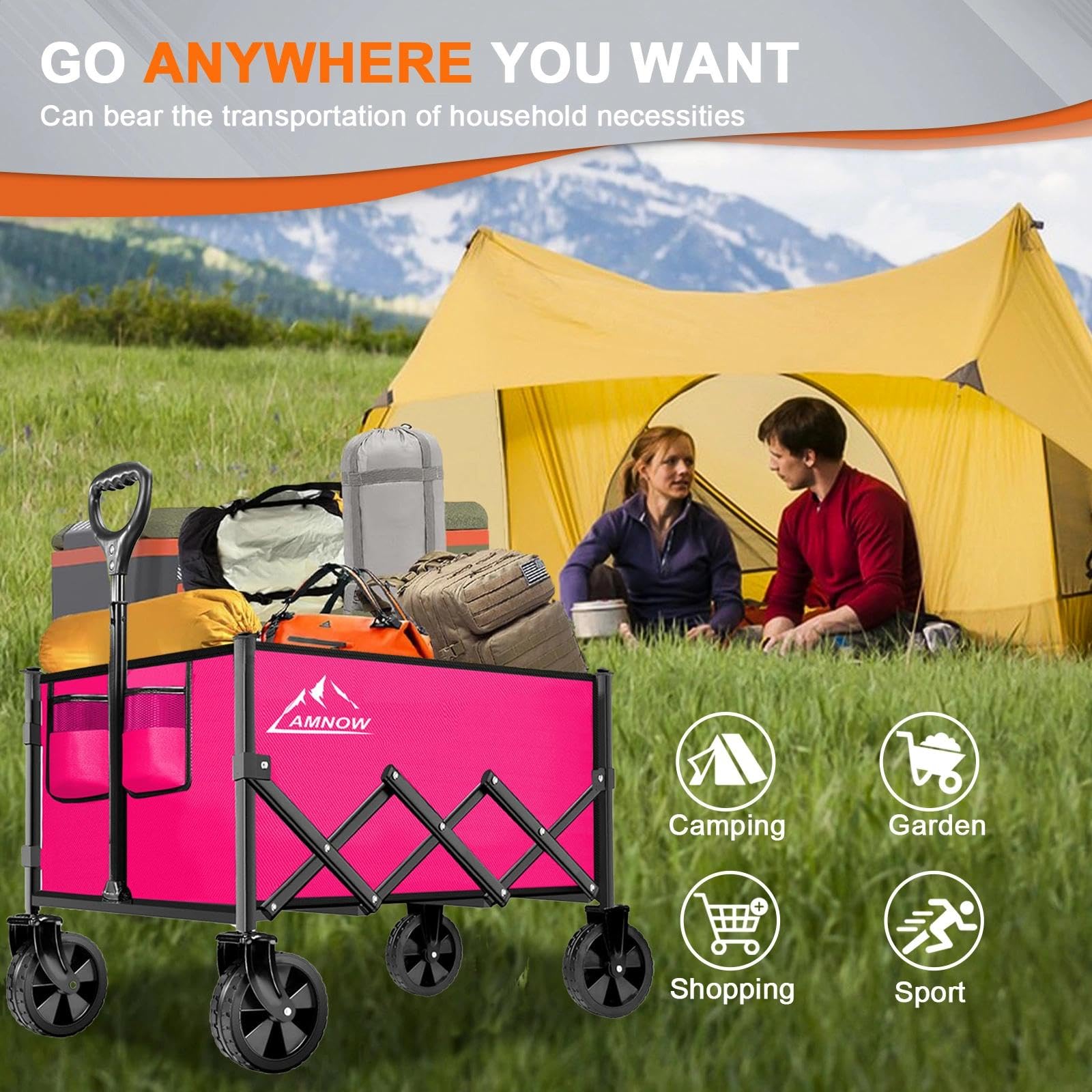 AMNOW loaded wagon at beach showing capacity for coolers and towels benefit of convenience