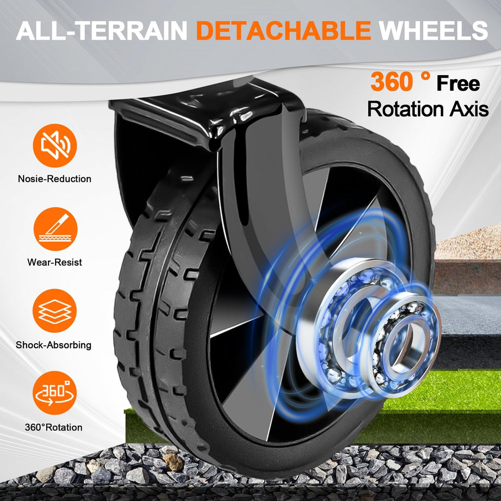 AMNOW close-up of PVC wheel showing all-terrain tread and benefit of stable traction