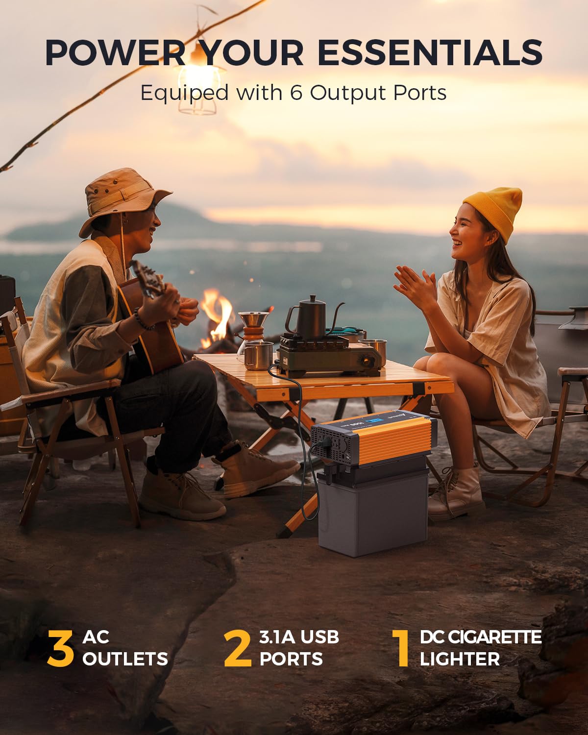 Ampeak inverter powering a campsite setup for reliable portable power