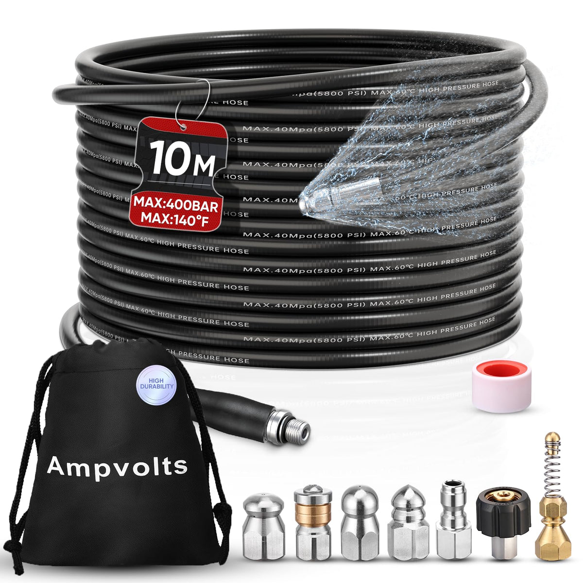 Ampvolts front packaging showing full sewer jetter kit and benefits