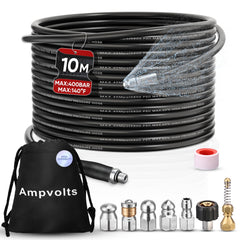 Ampvolts front packaging showing full sewer jetter kit and benefits