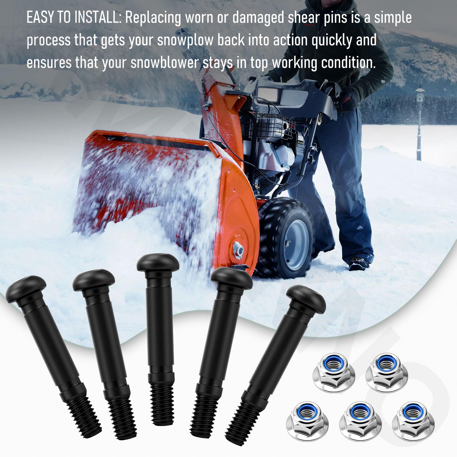 AMTHKNO snow blower on driveway with spare pins available for uninterrupted clearing