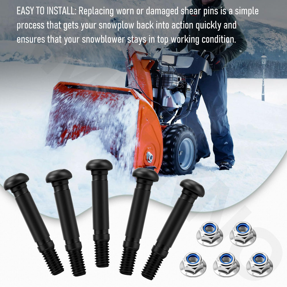AMTHKNO snow blower on driveway with spare pins available for uninterrupted clearing