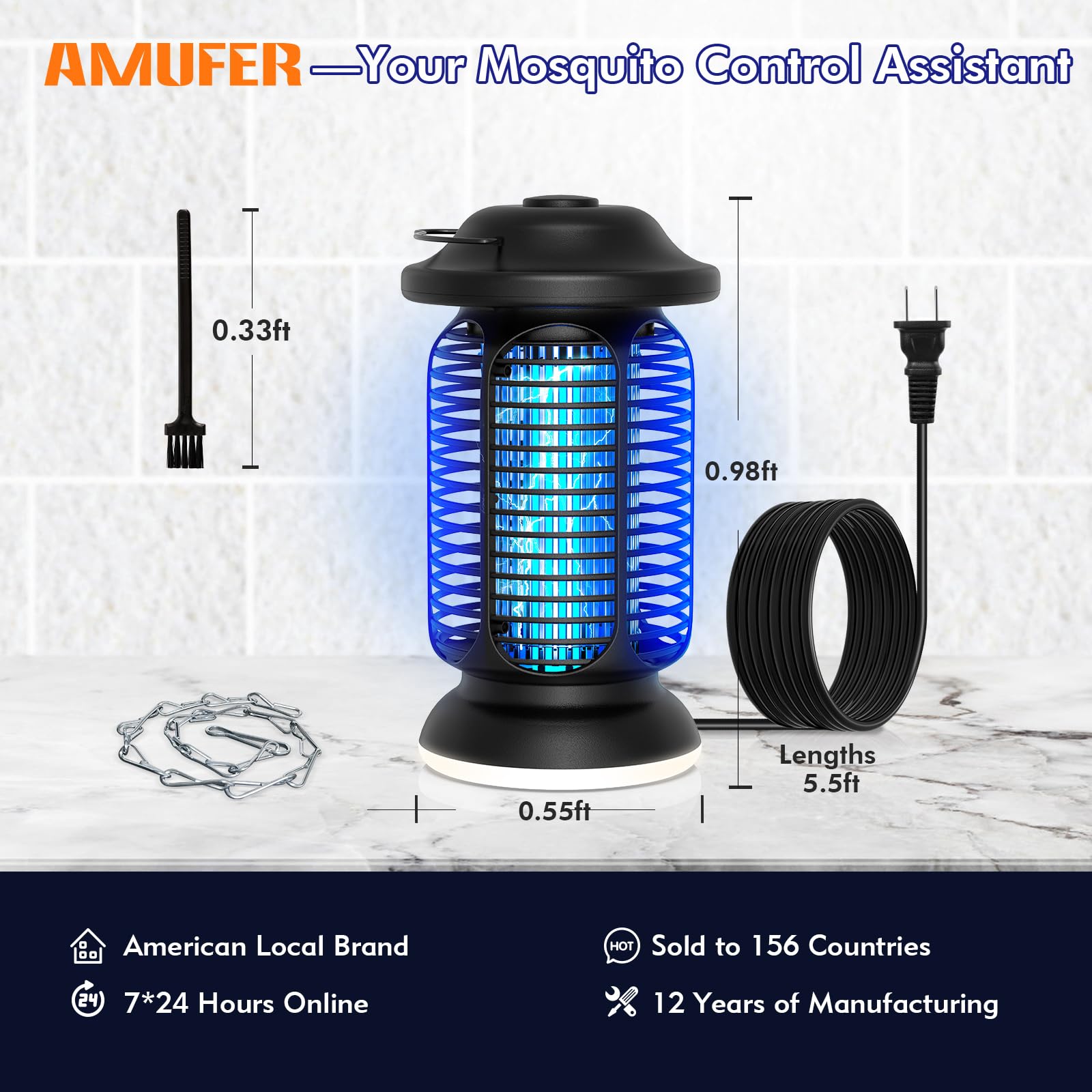 AMUFER packaging and label showing certification marks and long-life bulb specifications