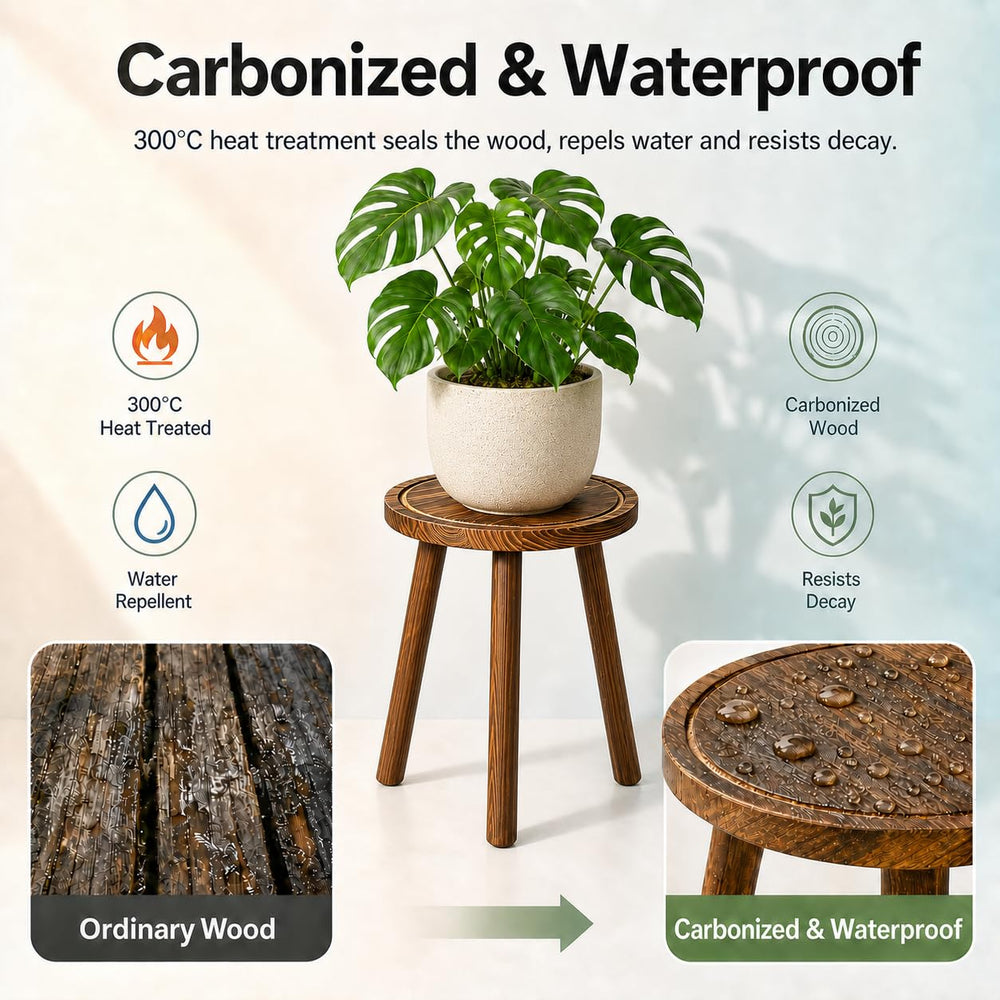 AMVAQKER close-up of carbonized pine finish resisting moisture and spills