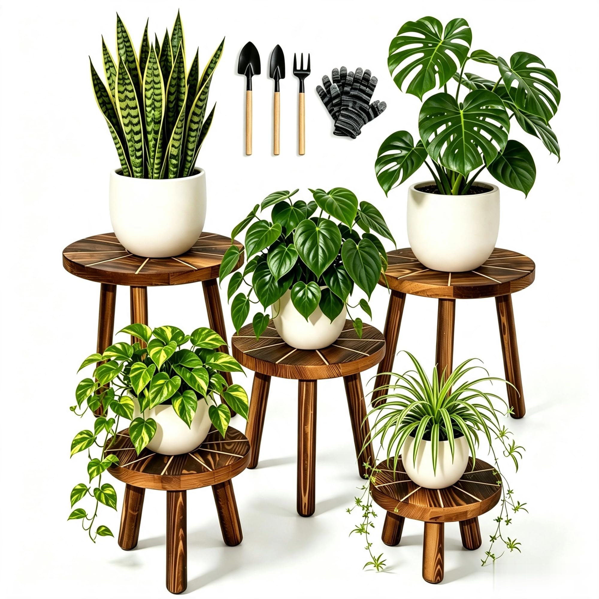 AMVAQKER front packaging showing five wood plant stands and benefits of set