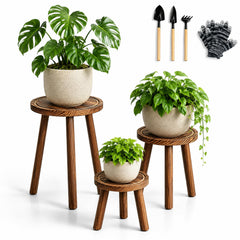 AMVAQKER front view of three wooden plant stands showing tiered display benefit