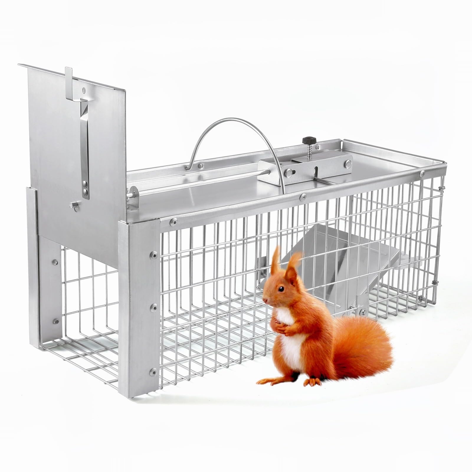 AMVOG trap front view showing sturdy galvanized mesh and secure single door benefit: durable captures