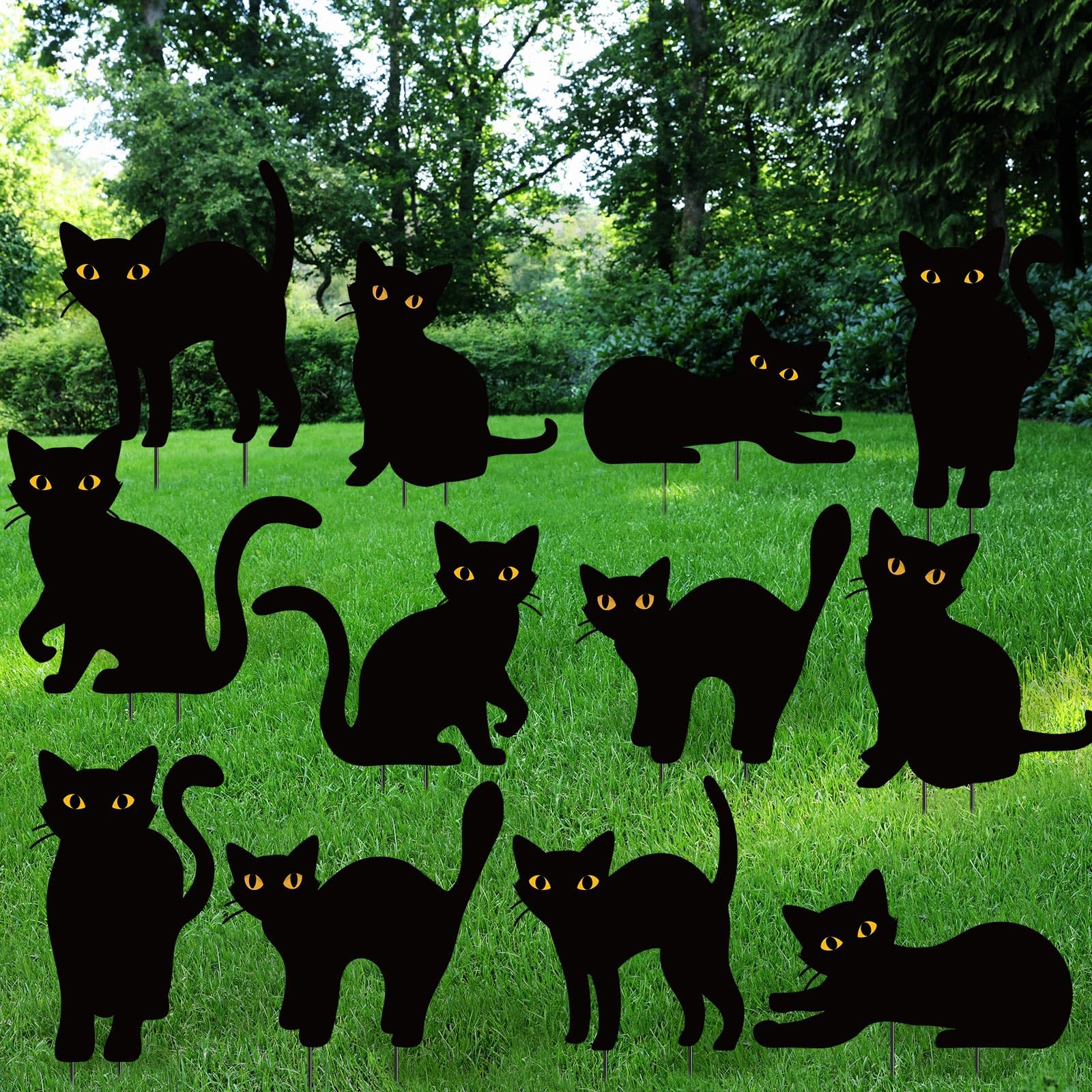 Amyhill front view of black cat yard signs showing clear silhouettes and curb appeal