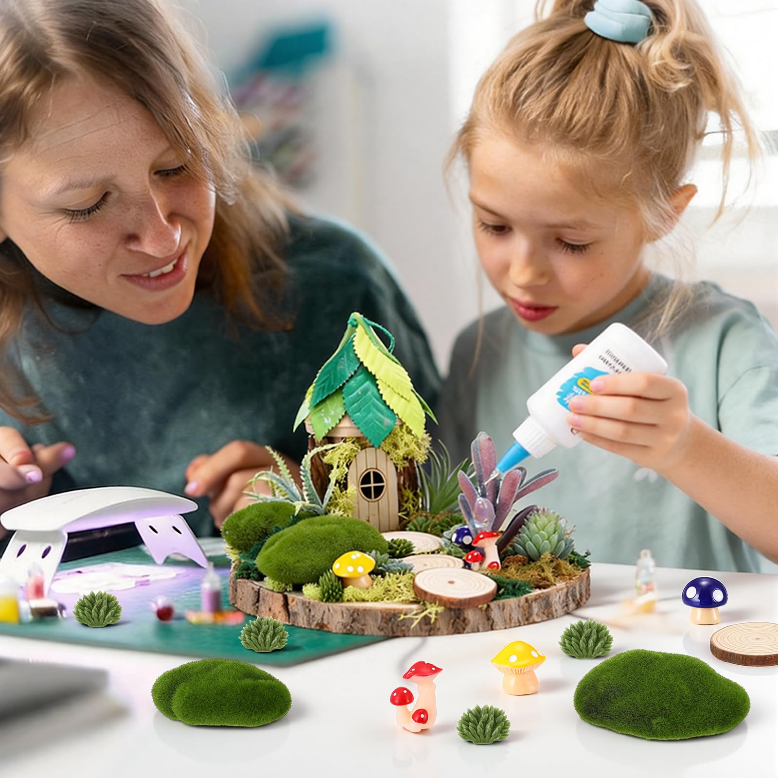 Amyhill finished fairy garden displayed on a shelf for charming decor