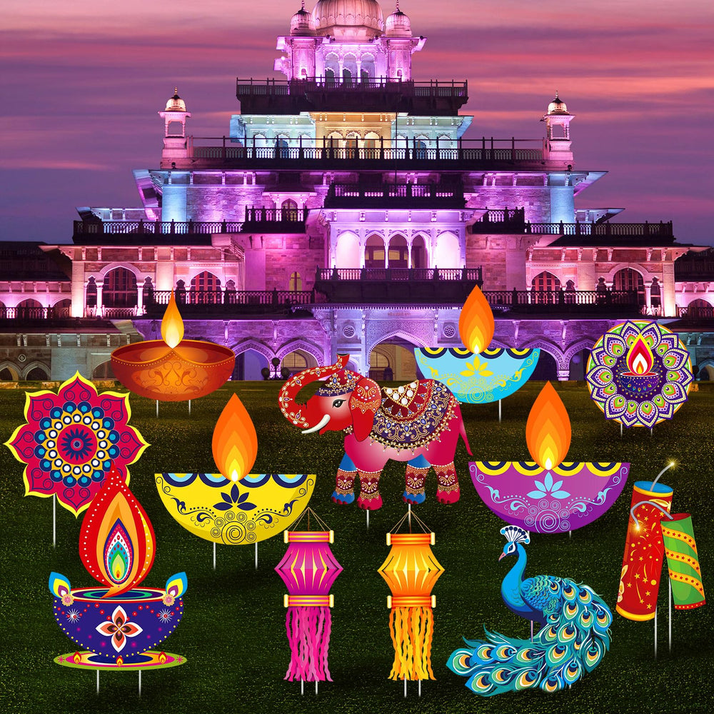 Amyhill front view of multicolor Diwali yard signs set, festive curb appeal