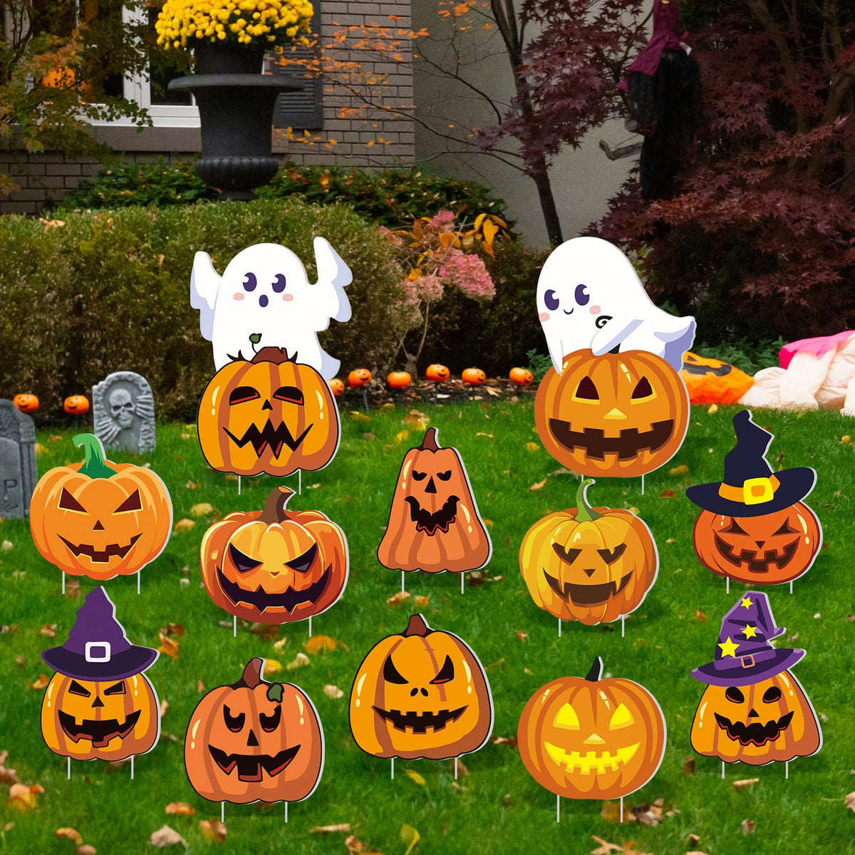 Amyhill front view of twelve pumpkin and ghost yard signs for instant curb appeal