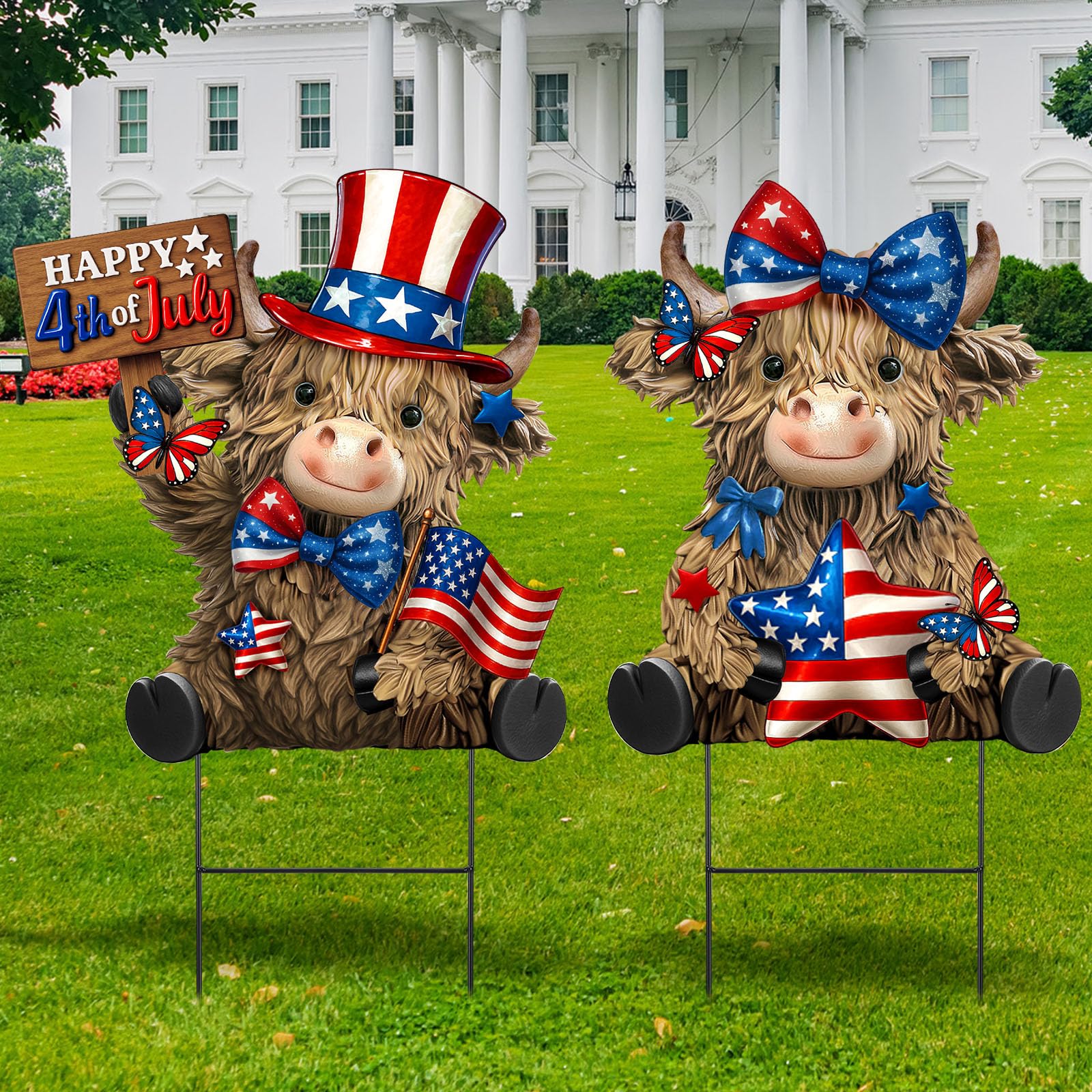Amyhill front view highland cow stake showing patriotic welcome design and curb appeal