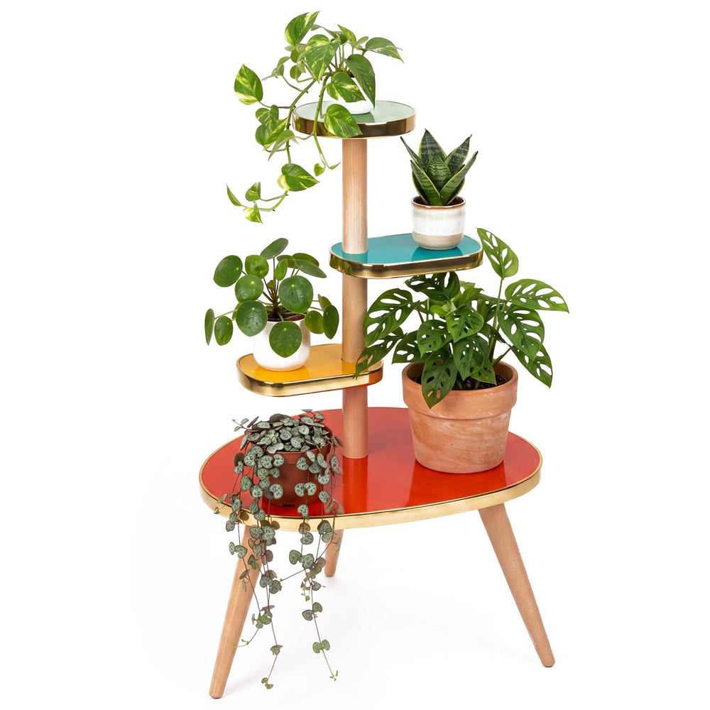 Amyhill front view of 4-tier plant stand showing colorful mid-century shelves and compact footprint
