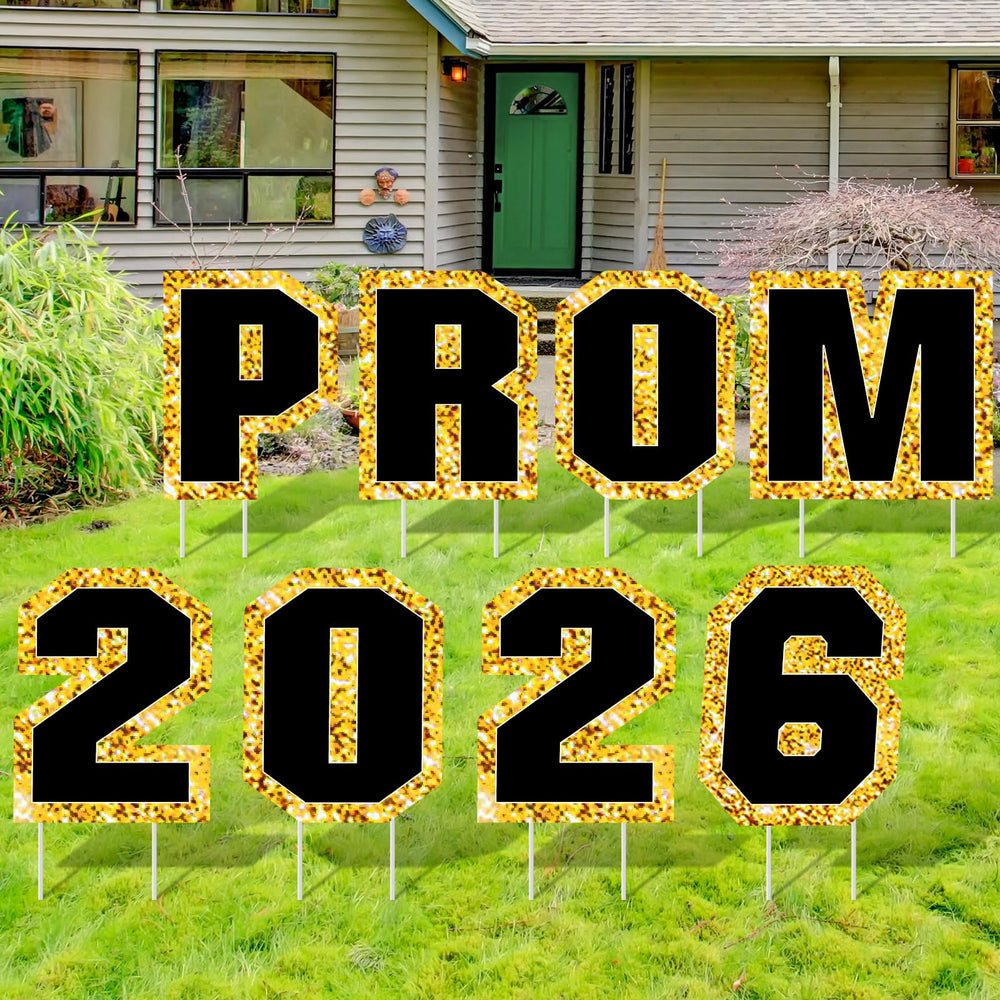 Amyhill front view of black and gold PROM 2026 signs for bold curb appeal