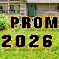 Amyhill front view of black and gold PROM 2026 signs for bold curb appeal