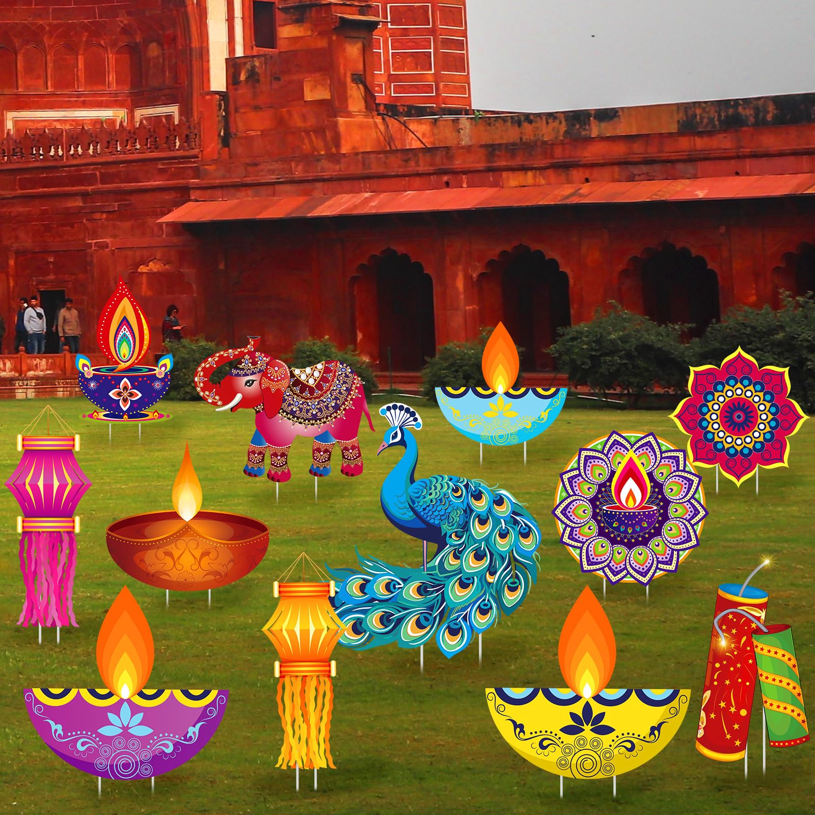 Amyhill signs inserted in lawn with stakes creating bright Diwali curb display