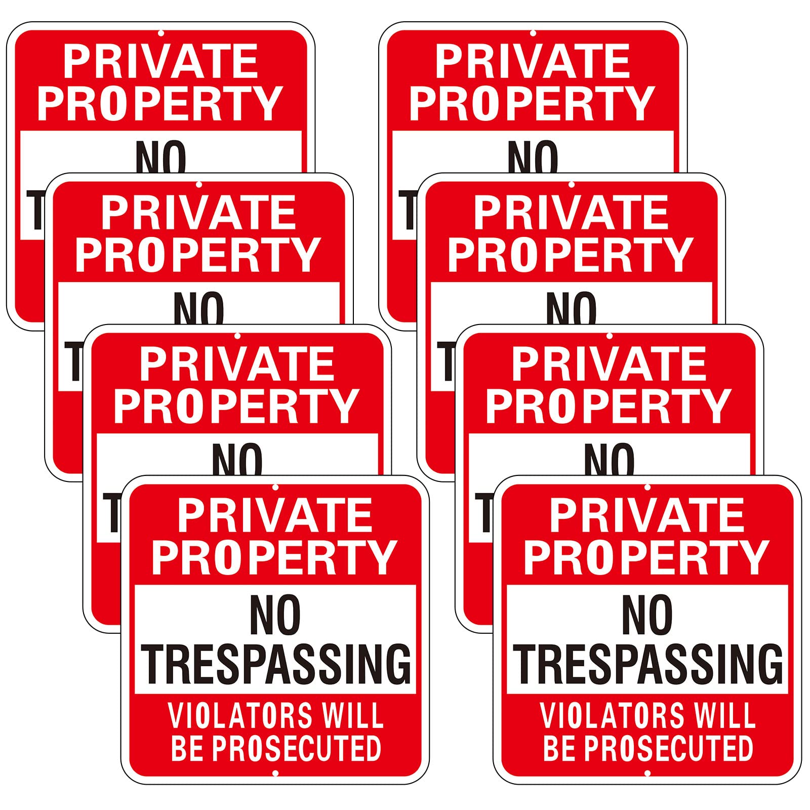 Amylove front view of eight red signs showing clear warning and durability
