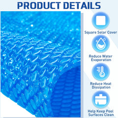 Amylove solar cover floating on above-ground pool preserving warmth and cleanliness