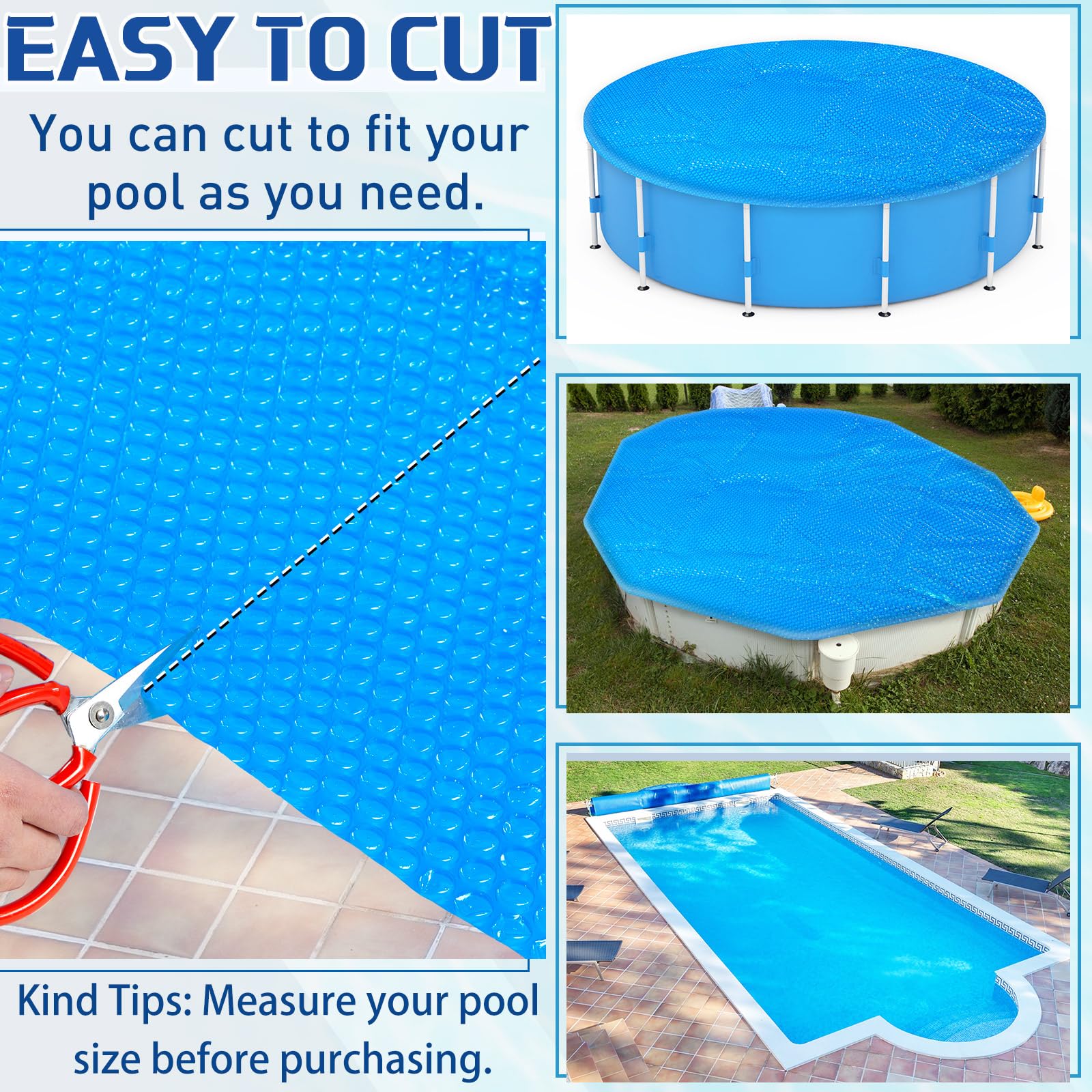 Amylove cover on pool edge with tape measure showing size and customizable fit benefit