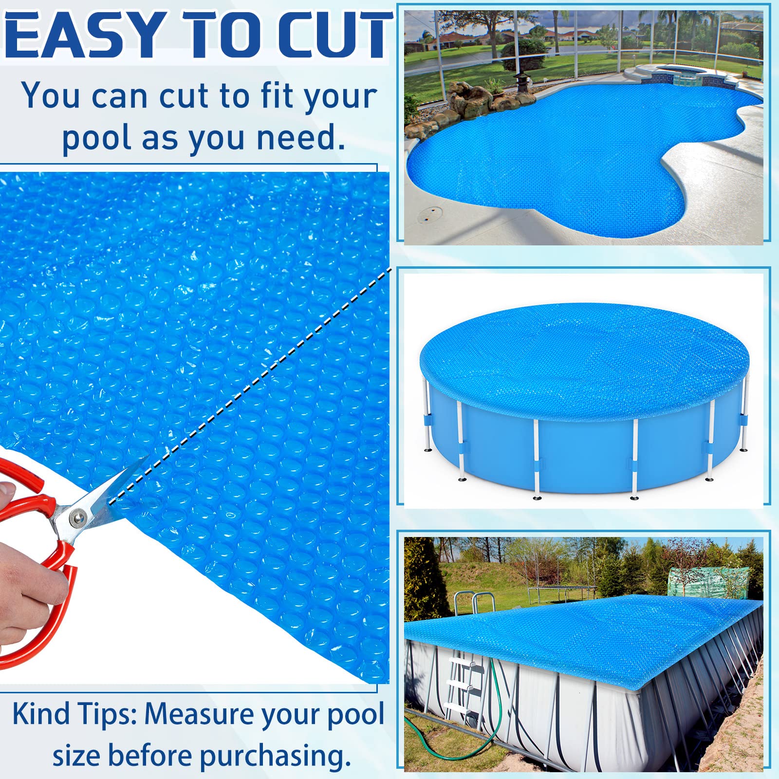 Amylove cover trimmed to fit pool edge demonstrating customizable sizing benefit